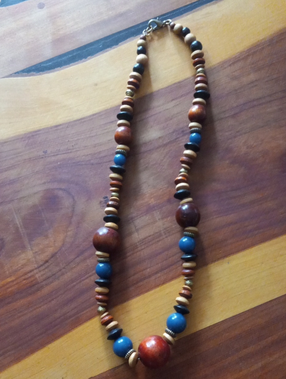 Boho Wooden Beaded Chunky Statement Necklace Blue Brown